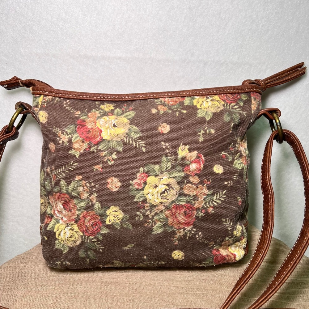Floral Canvas Crossbody Brown Lace Trim 90s Nostalgia Y2K Cottagecore Boho Bag - Picture 4 of 13